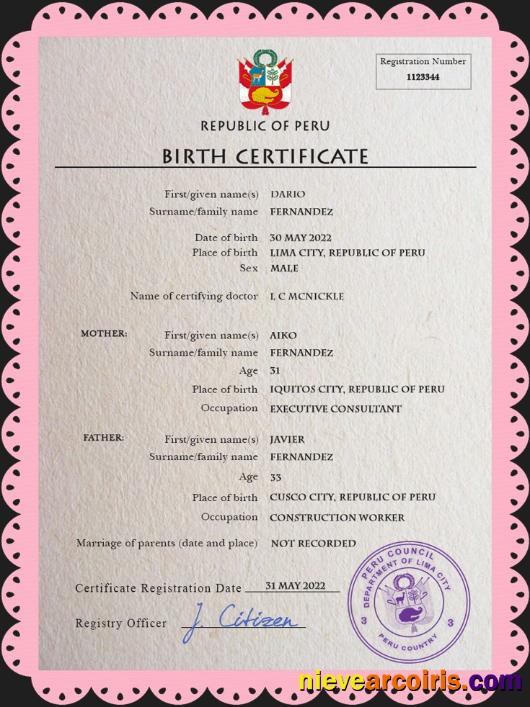 Peru vital record birth certificate